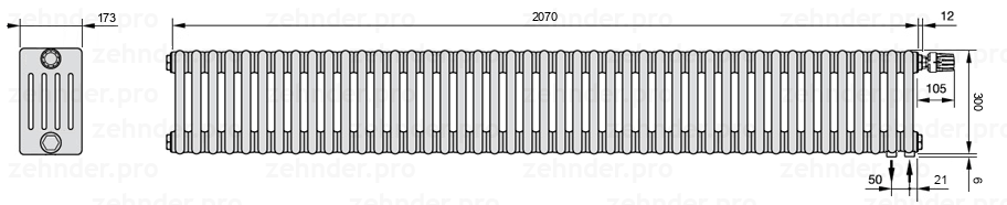 Схема (чертеж) Радиатор Zehnder Charleston 5030/45 №V002 Белый глянцевый RAL 9016